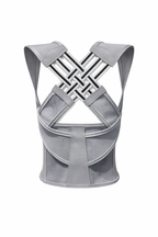 Gray baby carrier with crisscross straps on a white background