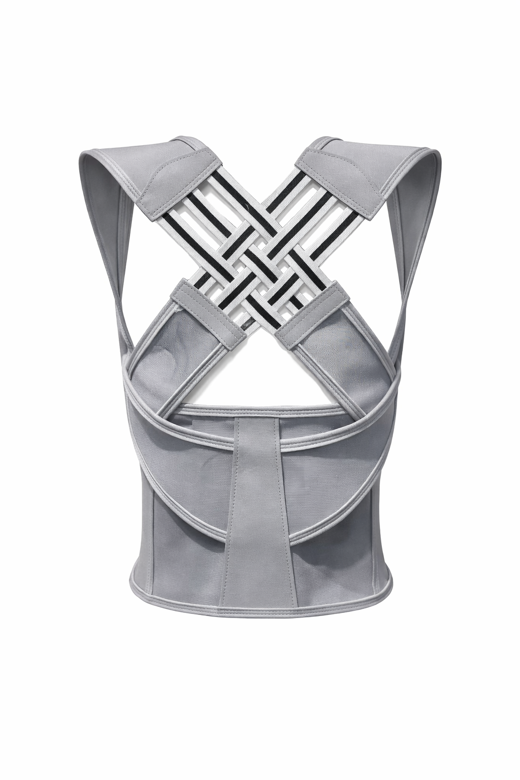 Gray baby carrier with crisscross straps on a white background