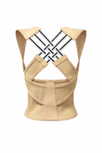 Beige waist trainer with a black lattice design on a white background