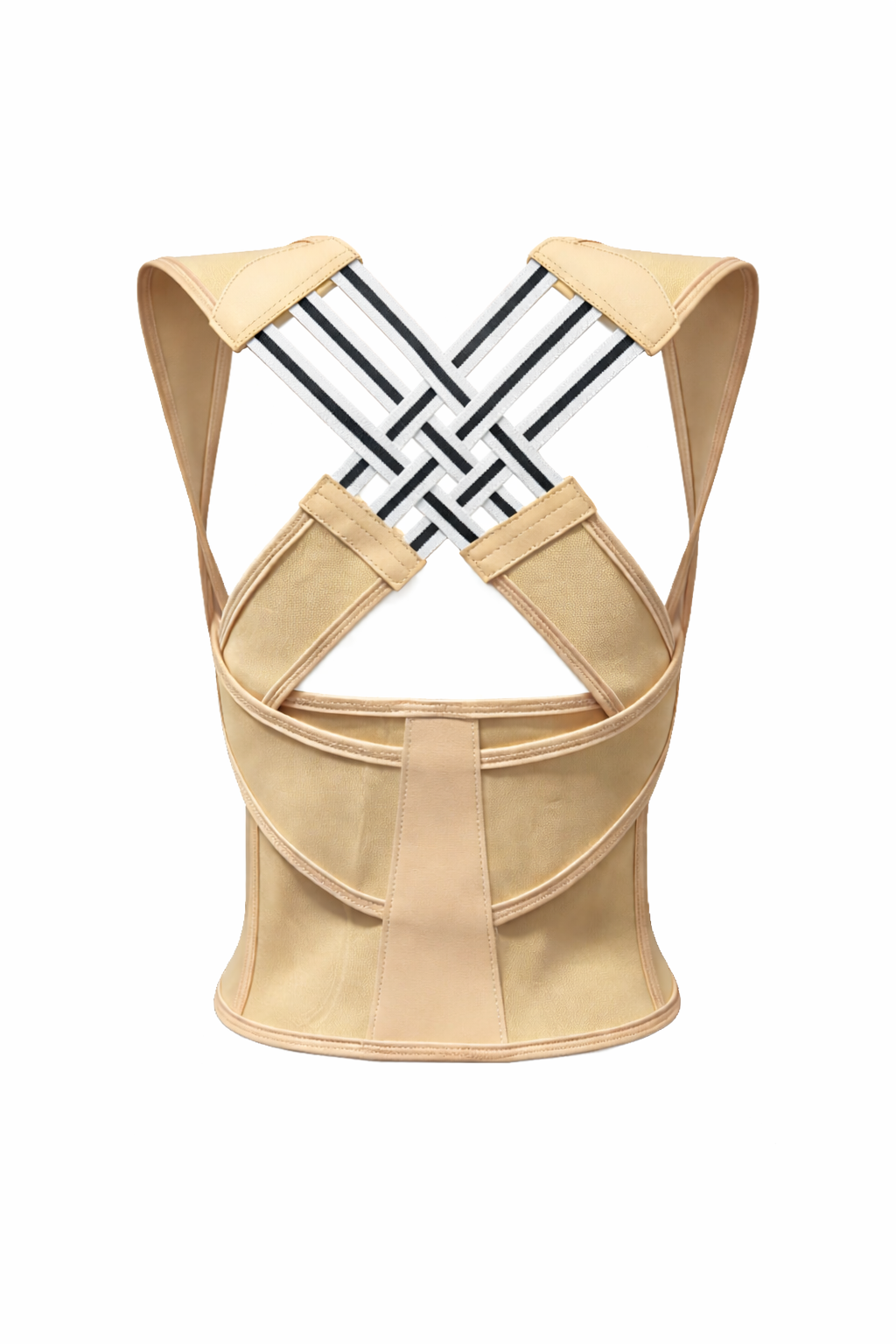 Beige waist trainer with a black lattice design on a white background